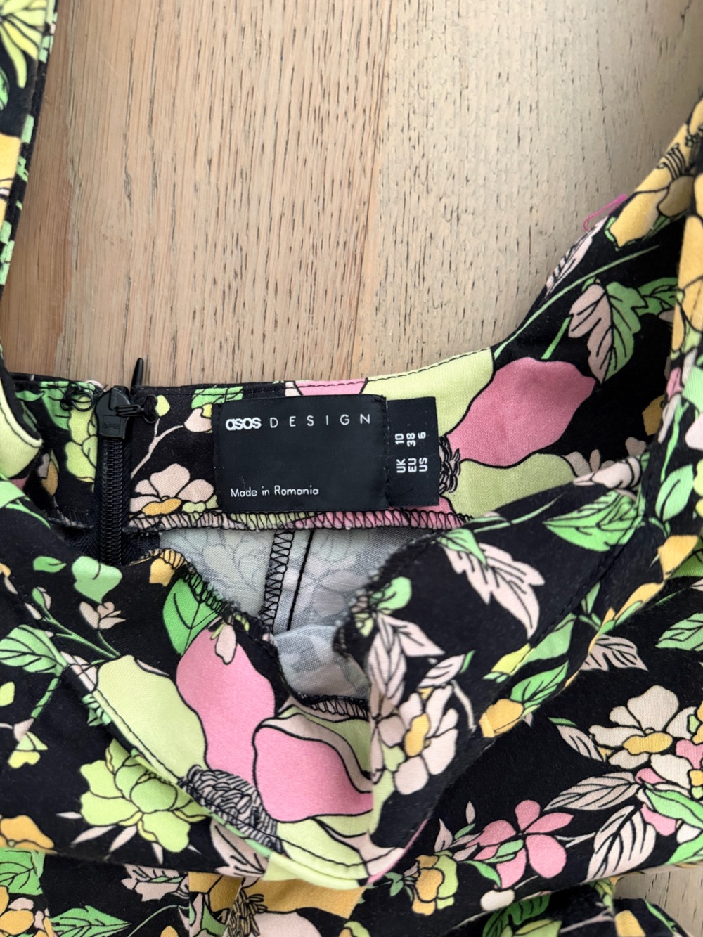 ASOS Black Floral Square-Neck Puff Sleeve Mini Dress with Pink & Green Blossoms - Picture 4 of 4